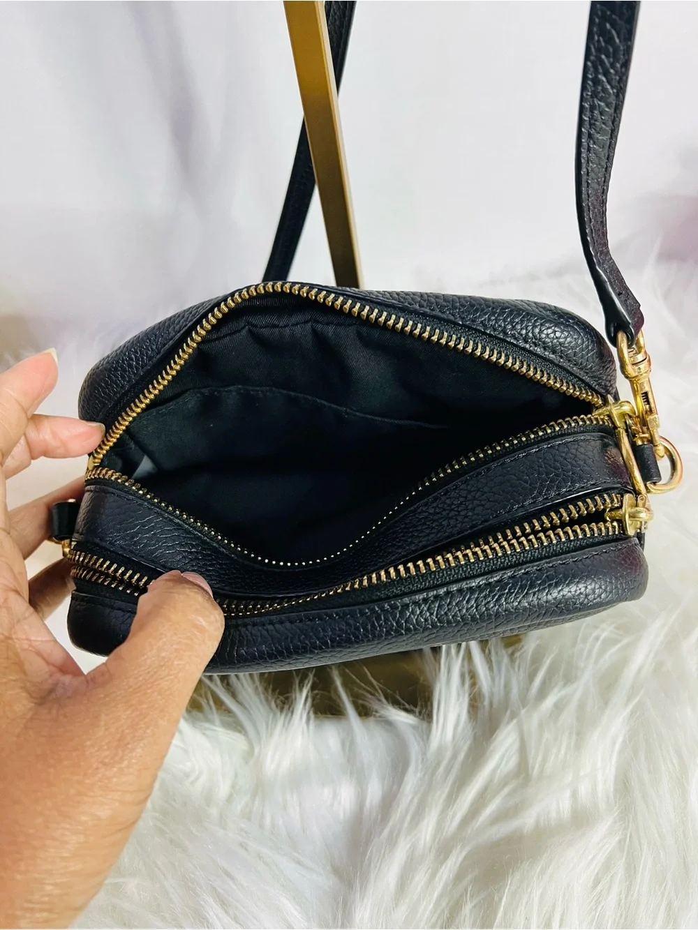 Tory Burch Black Pebbled Leather Perry Bombe Mini Crossbody with Gold Hardware